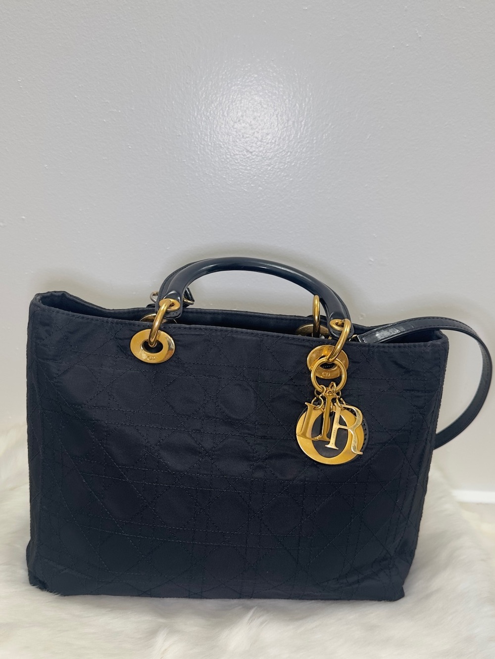 Dior Black Cannage Quilted Satchel with Gold Hardware Charms